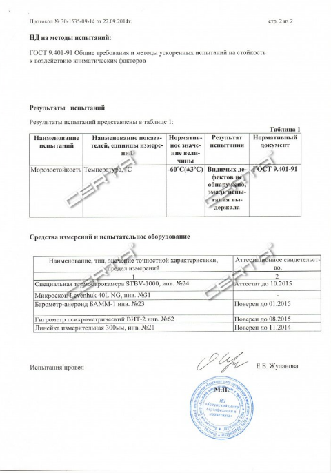 Подтверждение возможности эксплуатации покрытия на основе термоэмали "Церта" при температуре −60 °С