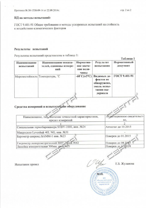 Возможность эксплуатации покрытия на основе эмали "Экоцин" при температуре −60 °С