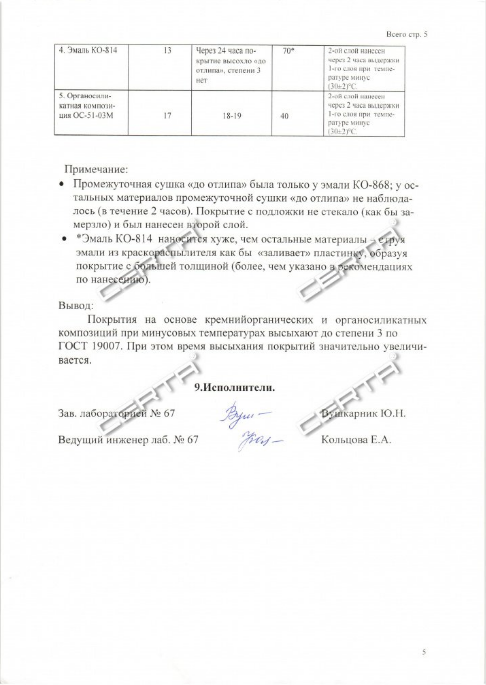 Отчет ЯрНИИ о возможности нанесения органосиликатной композиции ОС-12-03 при температуре −30 °С